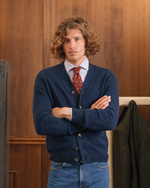 Blue cardigan 100% Shetland wool, Made in Italy Velasca