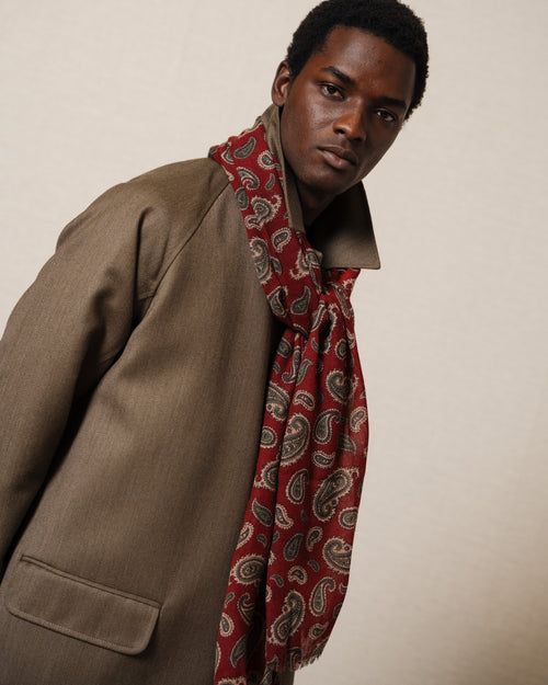 Écharpe Homme En Soie Rouge Motif Paisley Rétro - Made In Italy, Dimensions 33x140 Cm