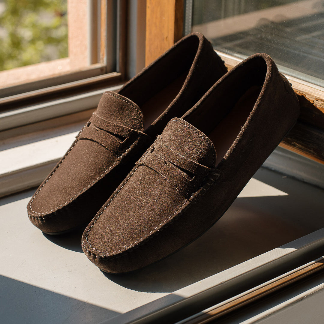 Studded-sole Moccasins in suede leather for men | Velasca