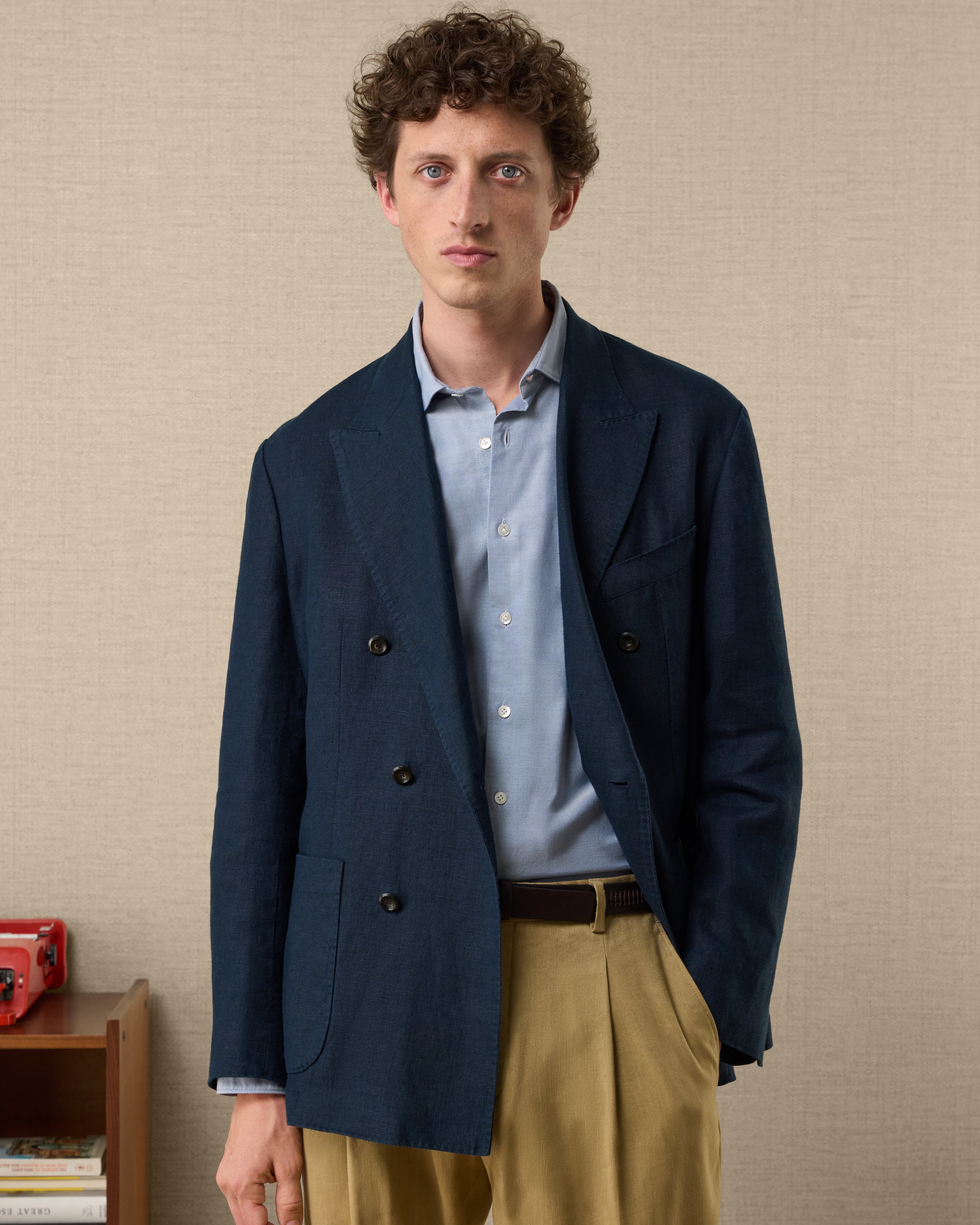 Blue linen double-breasted jacket, Made in Italy | Velasca