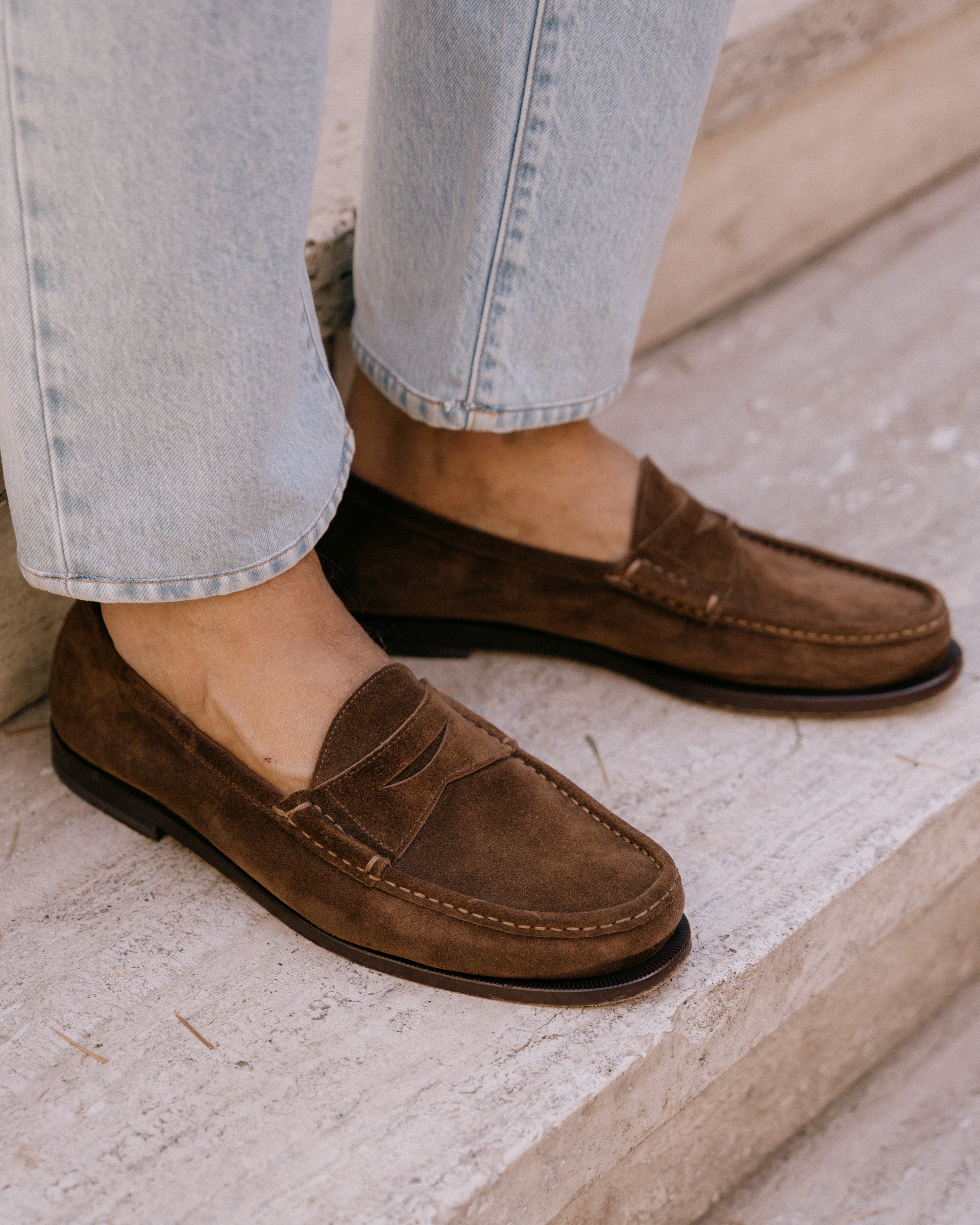 Men's dark brown suede leather Penny Loafers | Velasca