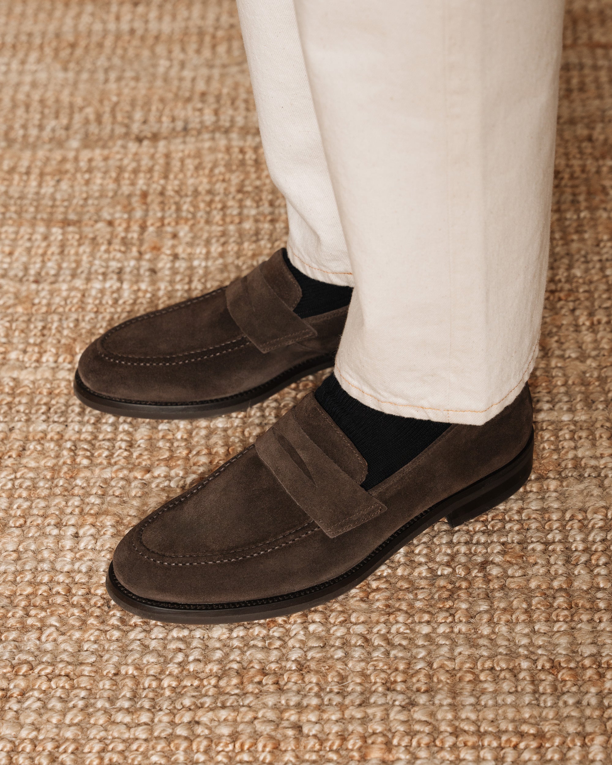 Brown suede leather tapered penny loafers | Velasca