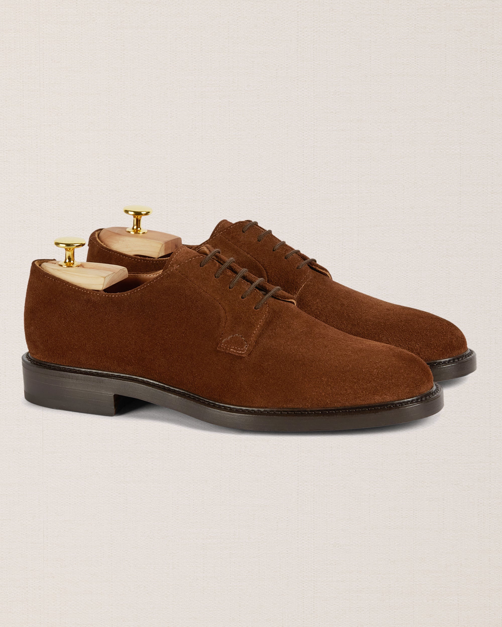 Artisanal brown suede leather derbies, Made in Italy