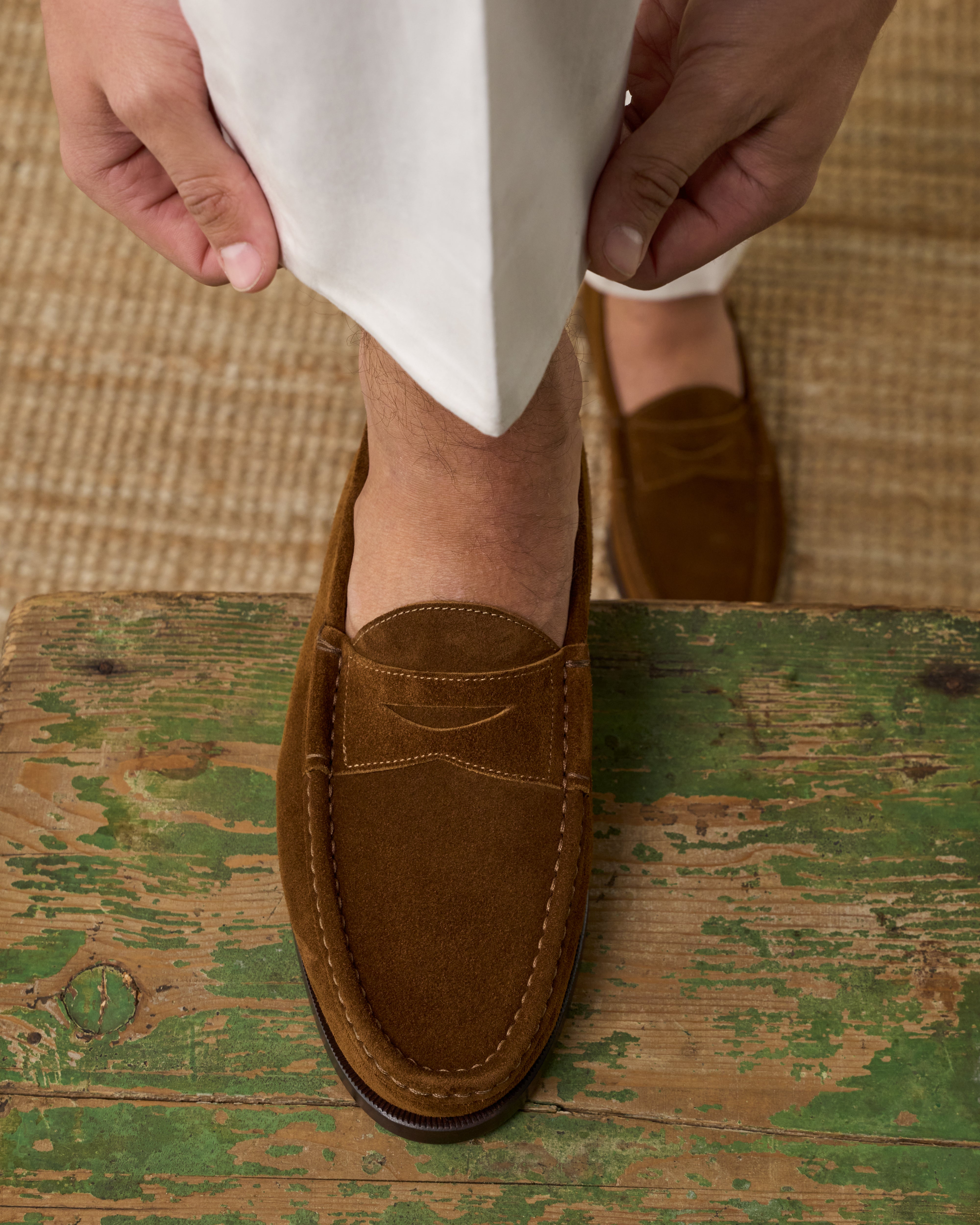 Men's tobacco brown suede leather Penny Loafers | Velasca