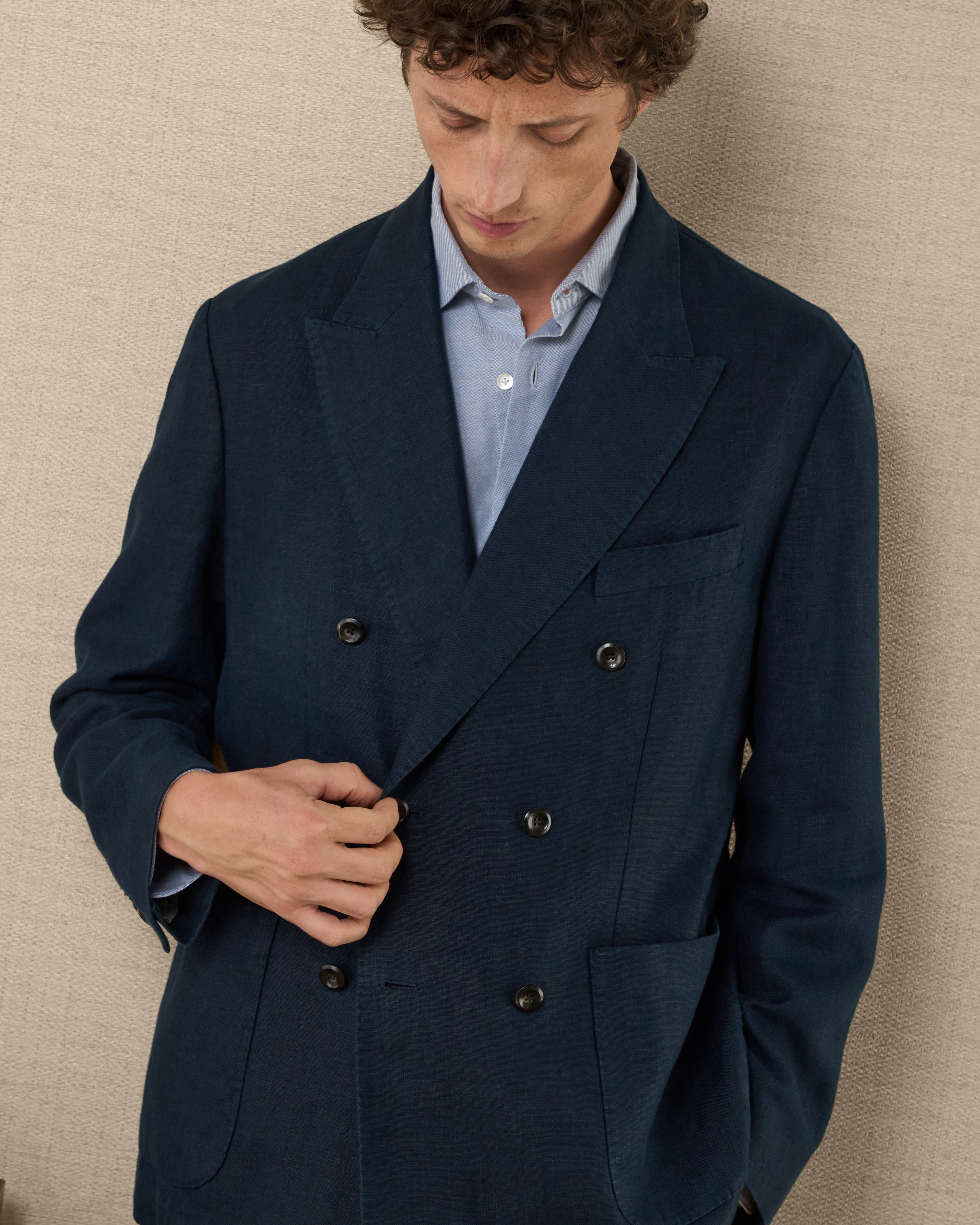 Blue linen double-breasted jacket, Made in Italy | Velasca