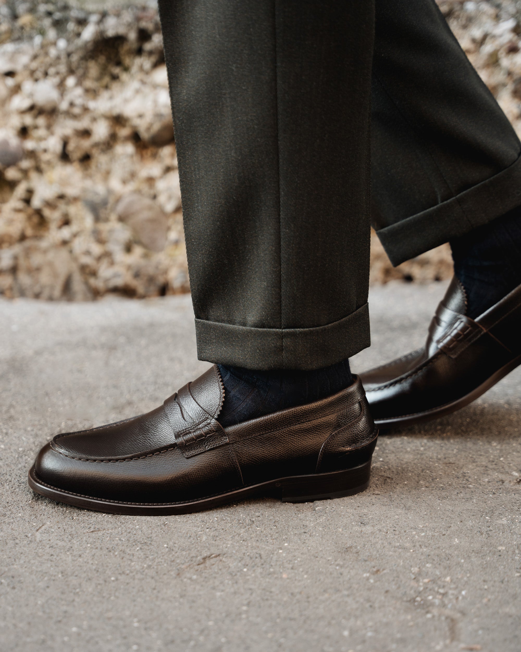 Donatello Black and Brown Leather Penny Loafers Adler Chocolate Brown Pebble Leather Lug Penny Loafers main image 2