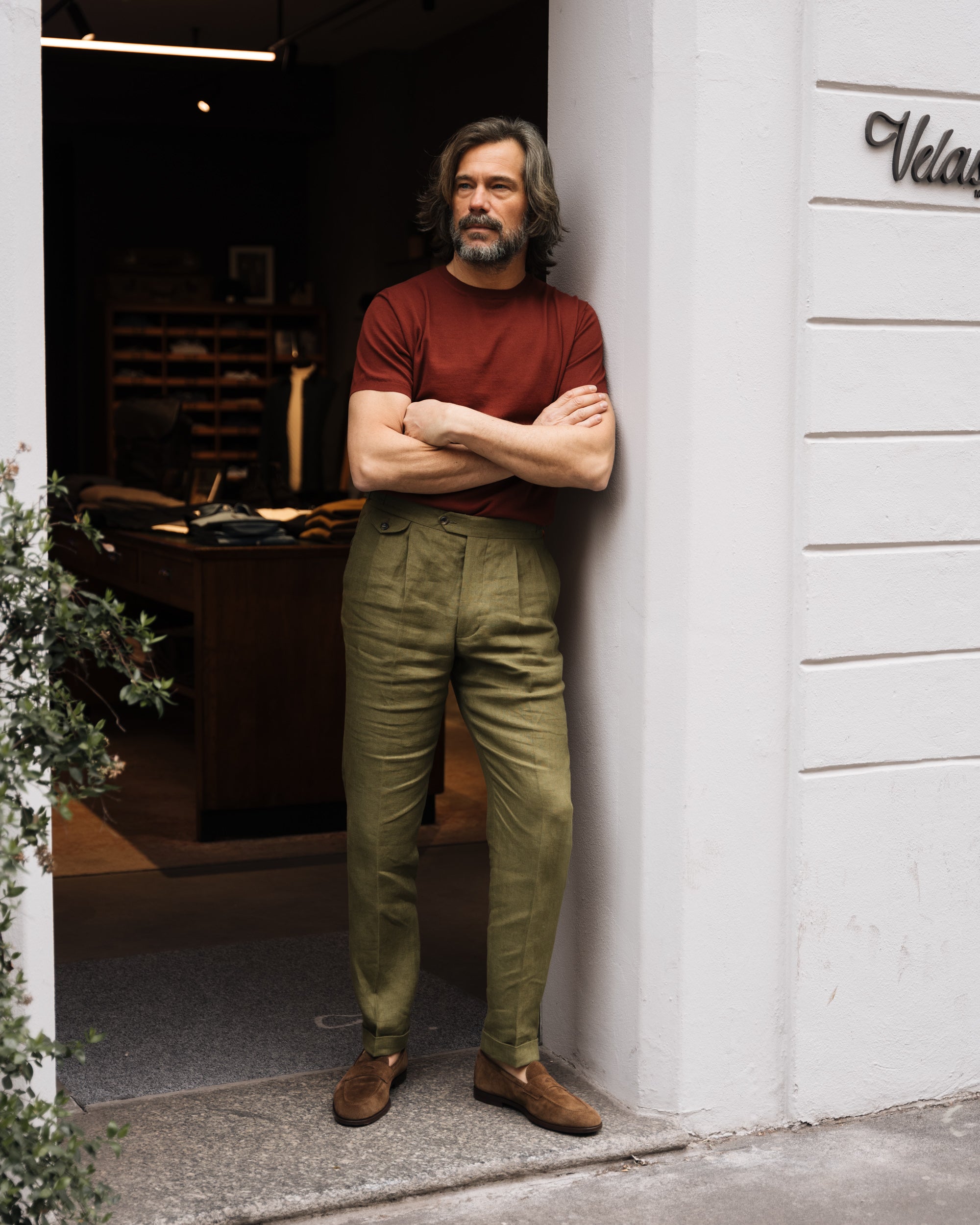 Men's olive green linen trousers Made in Italy
