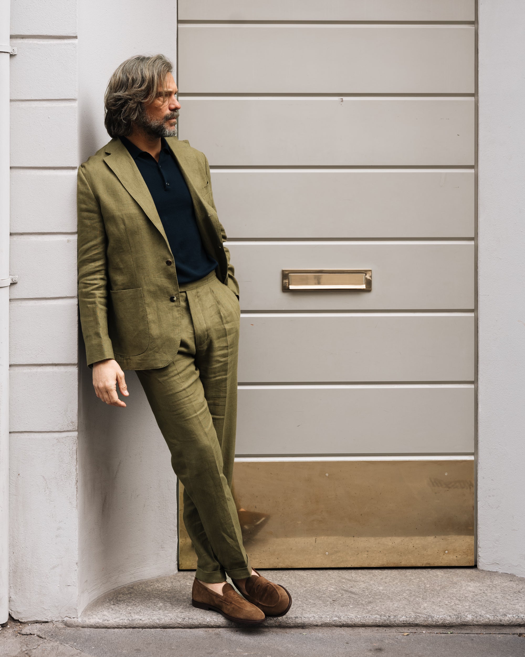 Men's olive green linen trousers Made in Italy